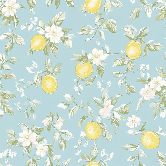 lemon yellow, soft blue, pale pink, white blossoms, citrus fruit, floral pattern, botanical design, shabby chic, vintage style, quilting cotton, fabric panel, spring motif, delicate flowers, pastel colors, romantic aesthetic, cottage core, feminine design, botanical illustration, repeating pattern, soft watercolor