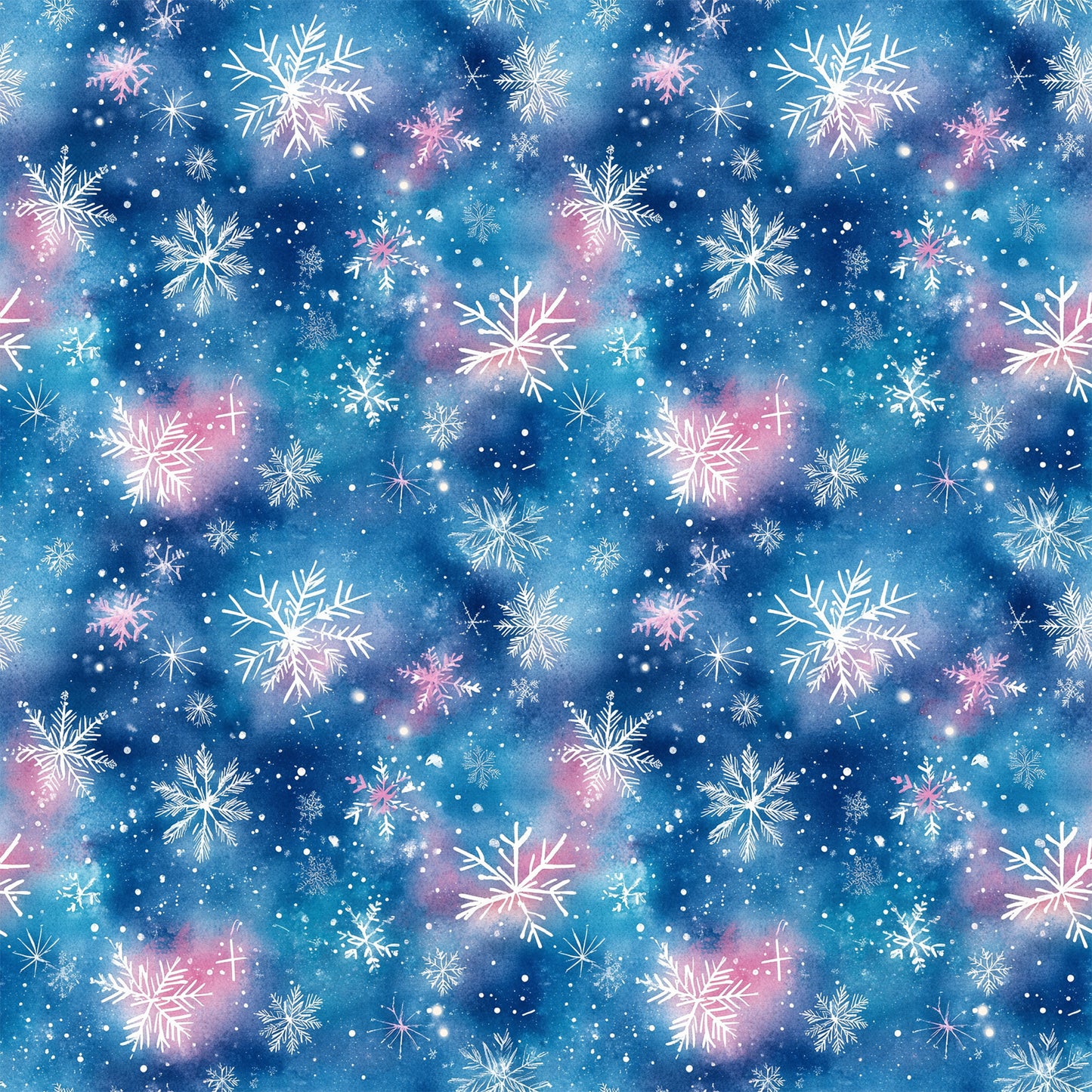 watercolor blue, christmas pattern, quilting cotton, fabric panel, snowflakes, winter motifs, blue background, pink accents, white snowflakes, starry sky, celestial design, holiday fabric, winter wonderland, frosty patterns, snow crystals, magical atmosphere, dreamy design, seasonal fabric, crafting material, cotton fabric