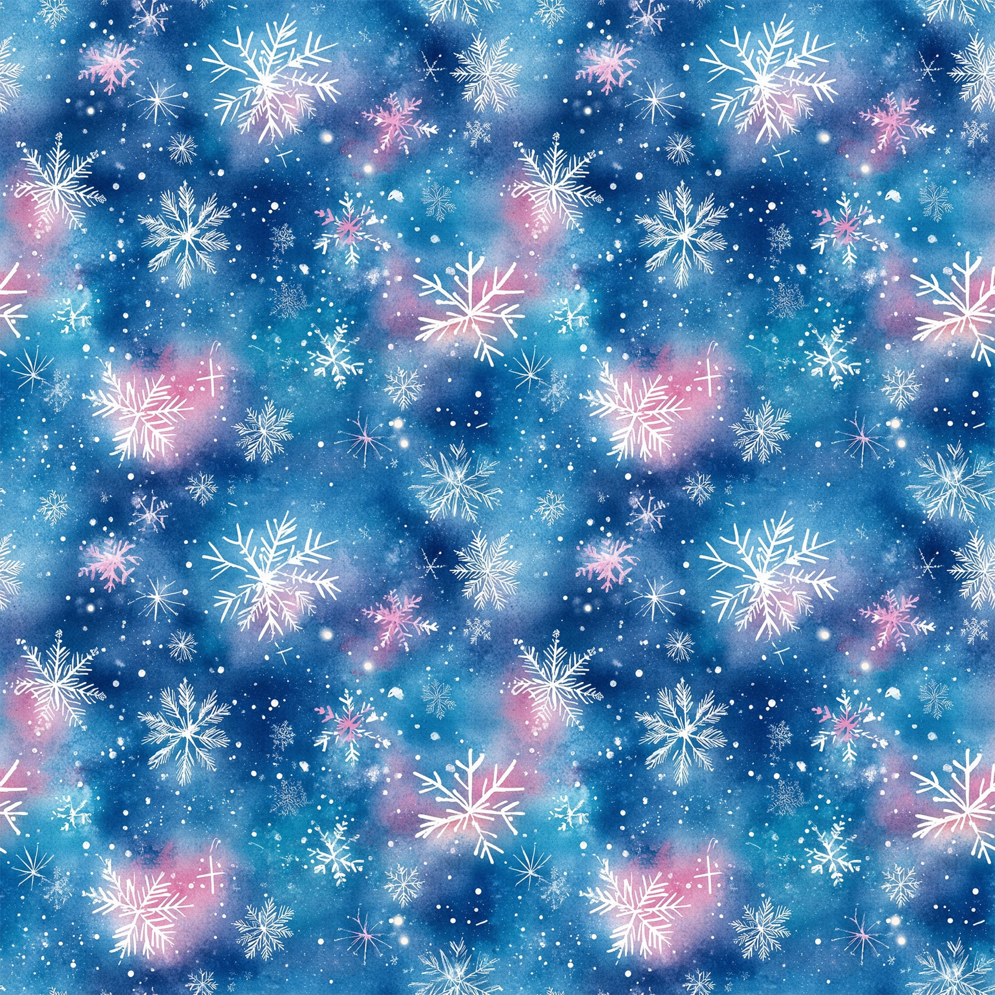 watercolor blue, christmas pattern, quilting cotton, fabric panel, snowflakes, winter motifs, blue background, pink accents, white snowflakes, starry sky, celestial design, holiday fabric, winter wonderland, frosty patterns, snow crystals, magical atmosphere, dreamy design, seasonal fabric, crafting material, cotton fabric