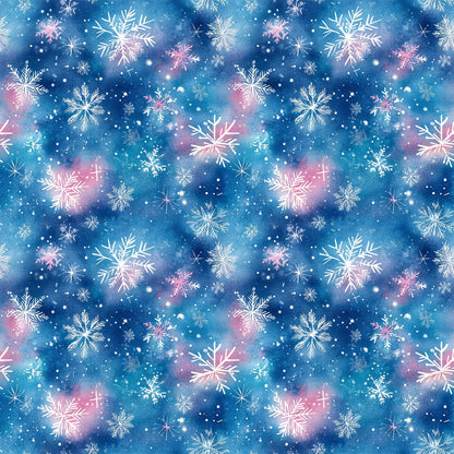 watercolor blue, christmas pattern, quilting cotton, fabric panel, snowflakes, winter motifs, blue background, pink accents, white snowflakes, starry sky, celestial design, holiday fabric, winter wonderland, frosty patterns, snow crystals, magical atmosphere, dreamy design, seasonal fabric, crafting material, cotton fabric