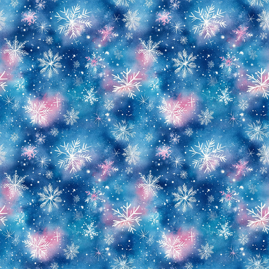 watercolor blue, christmas pattern, quilting cotton, fabric panel, snowflakes, winter motifs, blue background, pink accents, white snowflakes, starry sky, celestial design, holiday fabric, winter wonderland, frosty patterns, snow crystals, magical atmosphere, dreamy design, seasonal fabric, crafting material, cotton fabric
