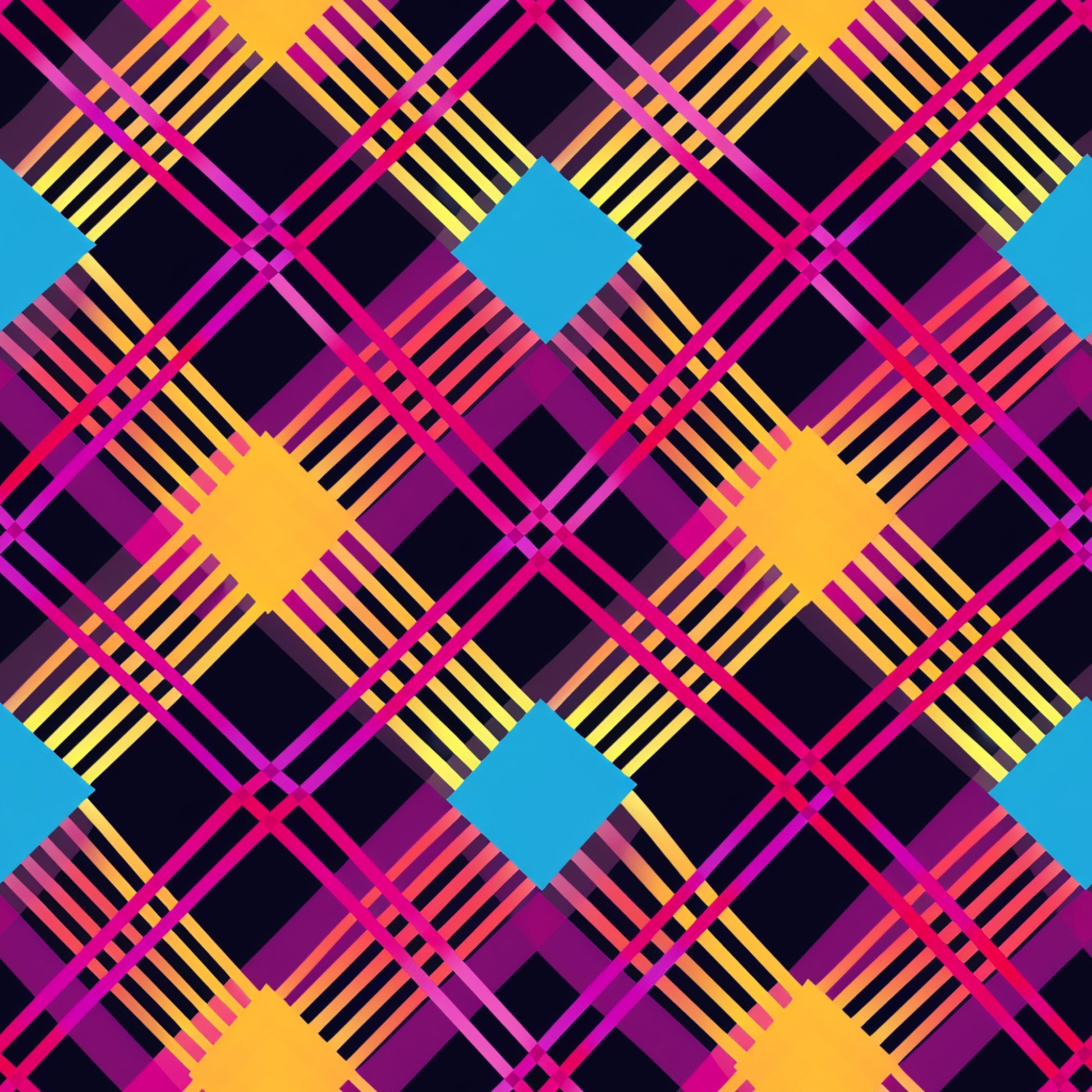 neon gingham, bright pink, electric blue, orange, yellow, purple, magenta, geometric pattern, plaid design, checkered, striped overlay, vibrant colors, quilting cotton, fabric panel, modern style, contemporary, eye-catching, colorful squares, intersecting lines, bold colors