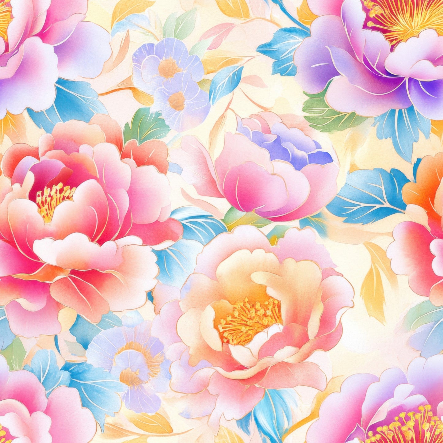 watercolor florals, pastel pink, soft purple, coral orange, sky blue, peony flowers, blooming blossoms, japanese style, delicate petals, gradient colors, quilting cotton, fabric panel, floral pattern, spring blooms, artistic watercolor, feminine design, crafting material, seamless repeat, botanical motifs