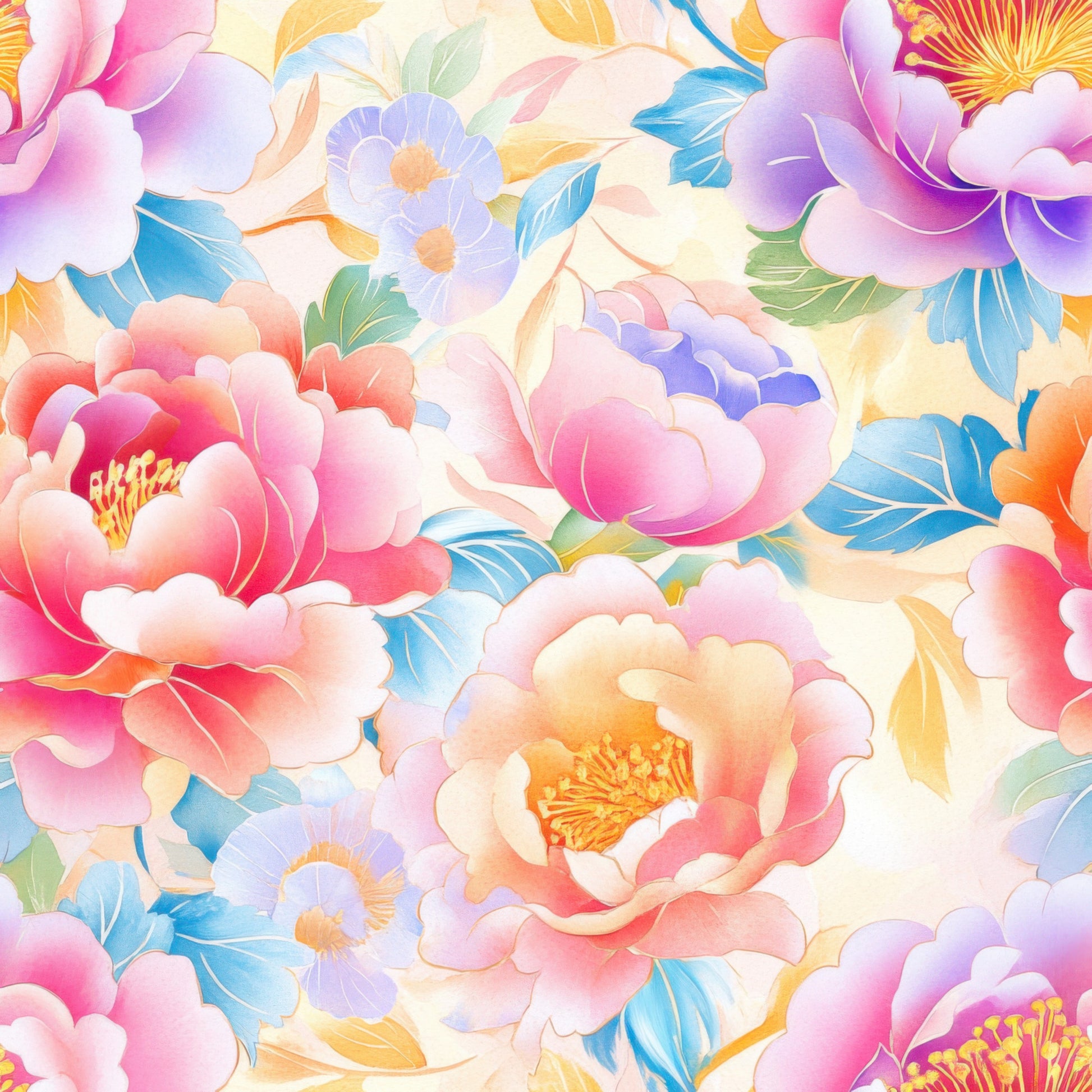 watercolor florals, pastel pink, soft purple, coral orange, sky blue, peony flowers, blooming blossoms, japanese style, delicate petals, gradient colors, quilting cotton, fabric panel, floral pattern, spring blooms, artistic watercolor, feminine design, crafting material, seamless repeat, botanical motifs