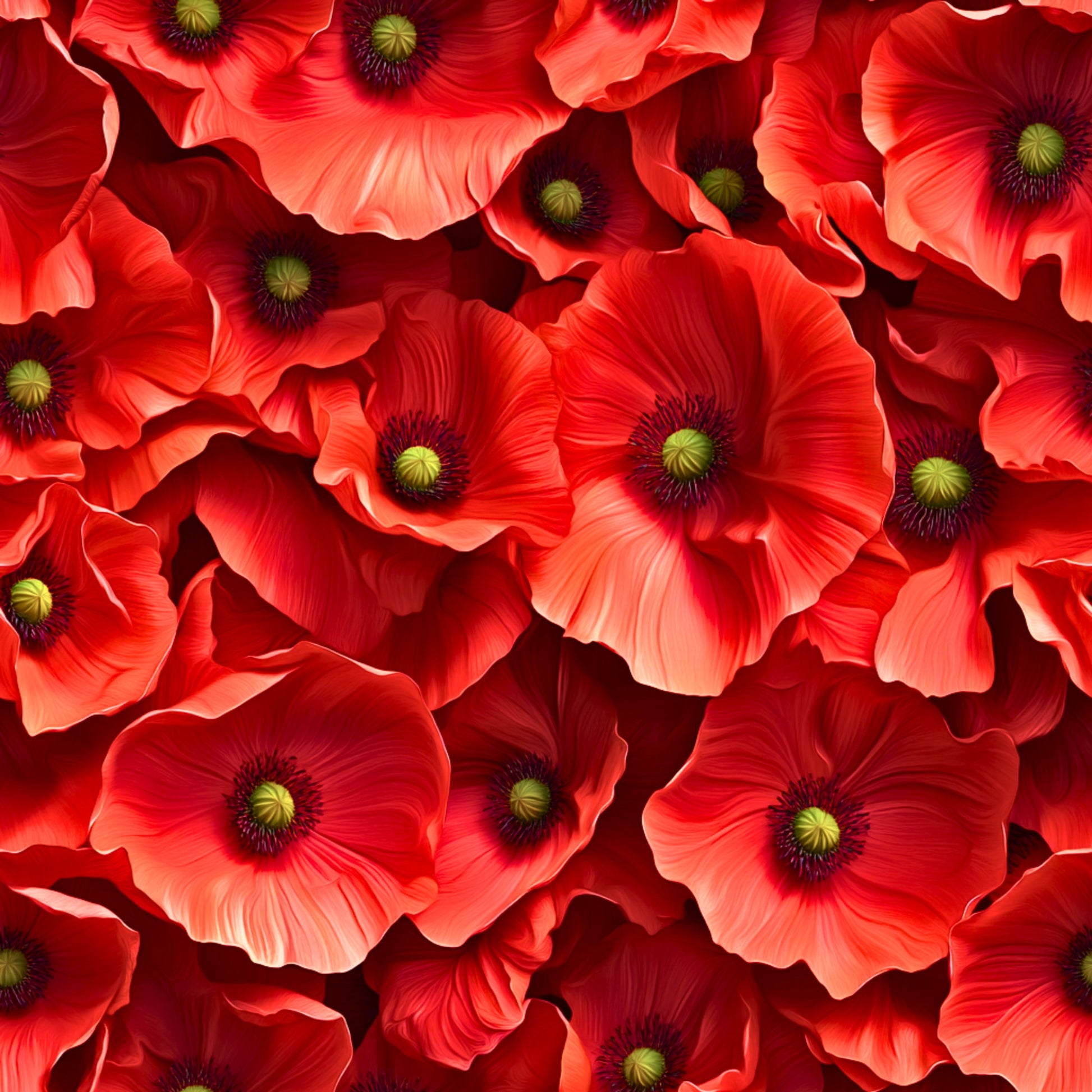 red poppies, coral flowers, scarlet petals, green centers, realistic floral, botanical pattern, overlapping blooms, vibrant red, quilting cotton, fabric panel, seamless design, delicate petals, nature motif, spring flowers, detailed illustration, flowing pattern, bright colors, floral wallpaper design, romantic florals
