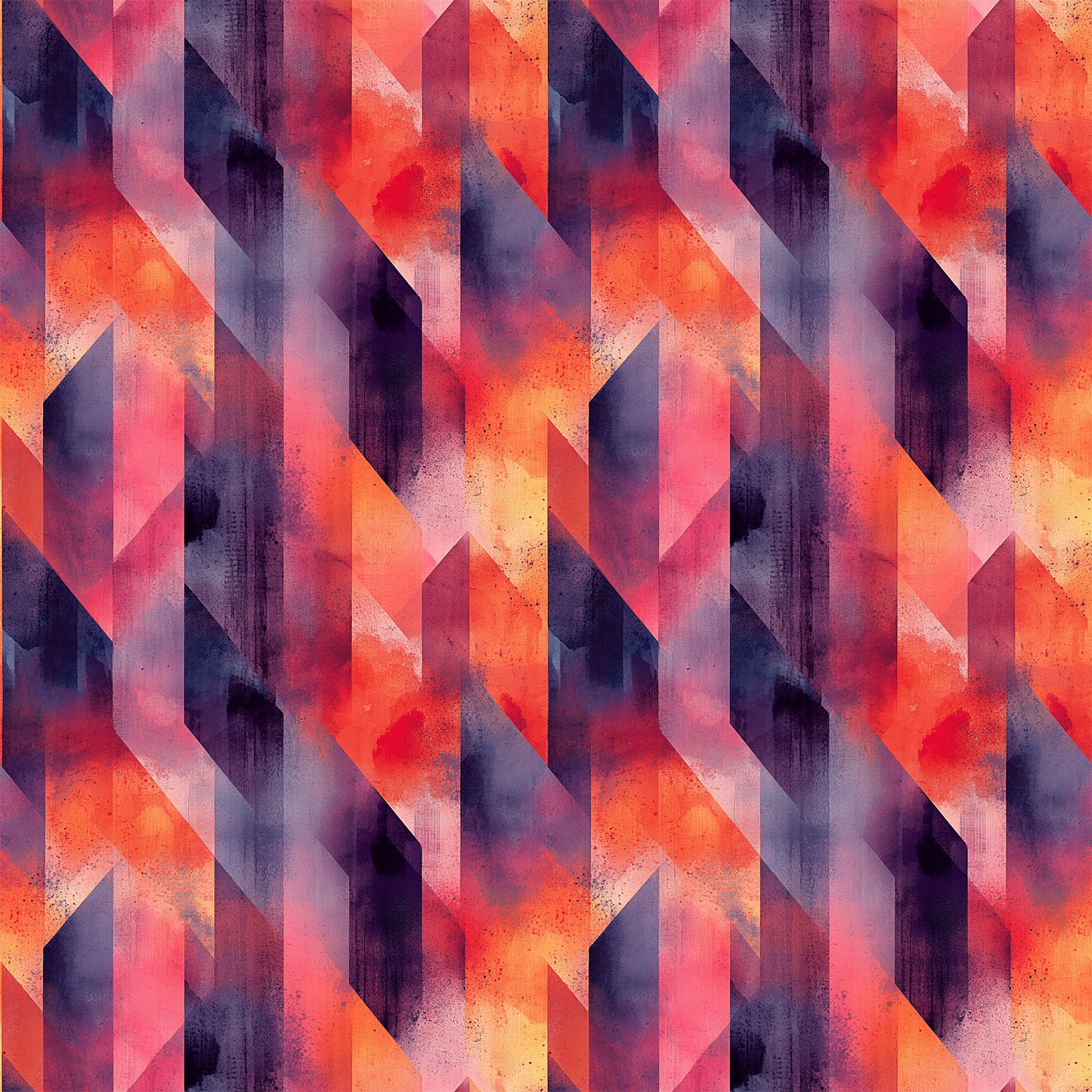 coral, orange, purple, navy blue, geometric shapes, angular design, overlapping triangles, mid century modern, abstract pattern, quilting cotton, fabric panel, retro style, contemporary art, diagonal lines, layered shapes, warm colors, cool colors, modern geometric, artistic composition, textured appearance