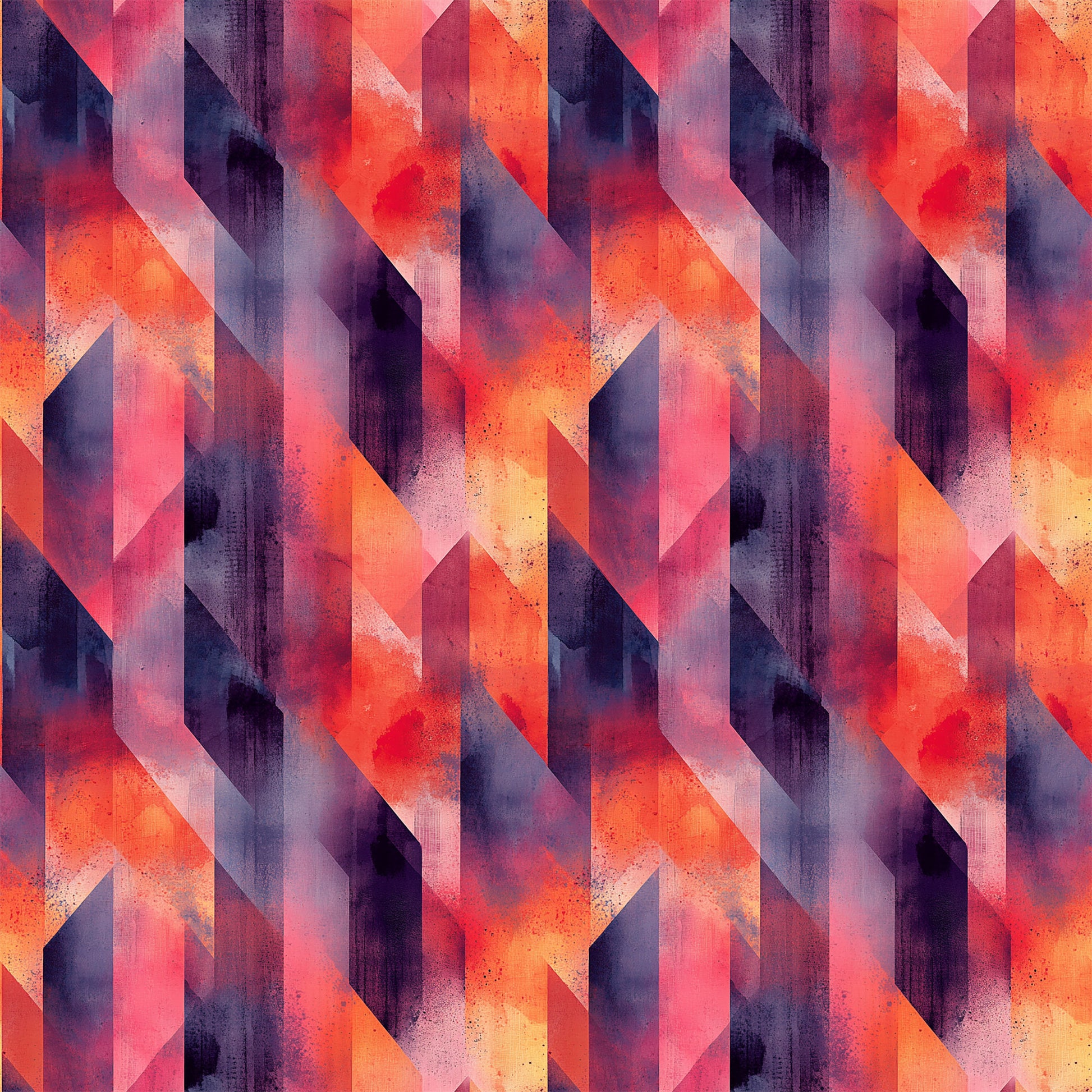 coral, orange, purple, navy blue, geometric shapes, angular design, overlapping triangles, mid century modern, abstract pattern, quilting cotton, fabric panel, retro style, contemporary art, diagonal lines, layered shapes, warm colors, cool colors, modern geometric, artistic composition, textured appearance