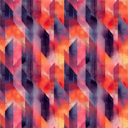 coral, orange, purple, navy blue, geometric shapes, angular design, overlapping triangles, mid century modern, abstract pattern, quilting cotton, fabric panel, retro style, contemporary art, diagonal lines, layered shapes, warm colors, cool colors, modern geometric, artistic composition, textured appearance