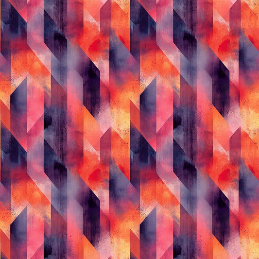 coral, orange, purple, navy blue, geometric shapes, angular design, overlapping triangles, mid century modern, abstract pattern, quilting cotton, fabric panel, retro style, contemporary art, diagonal lines, layered shapes, warm colors, cool colors, modern geometric, artistic composition, textured appearance
