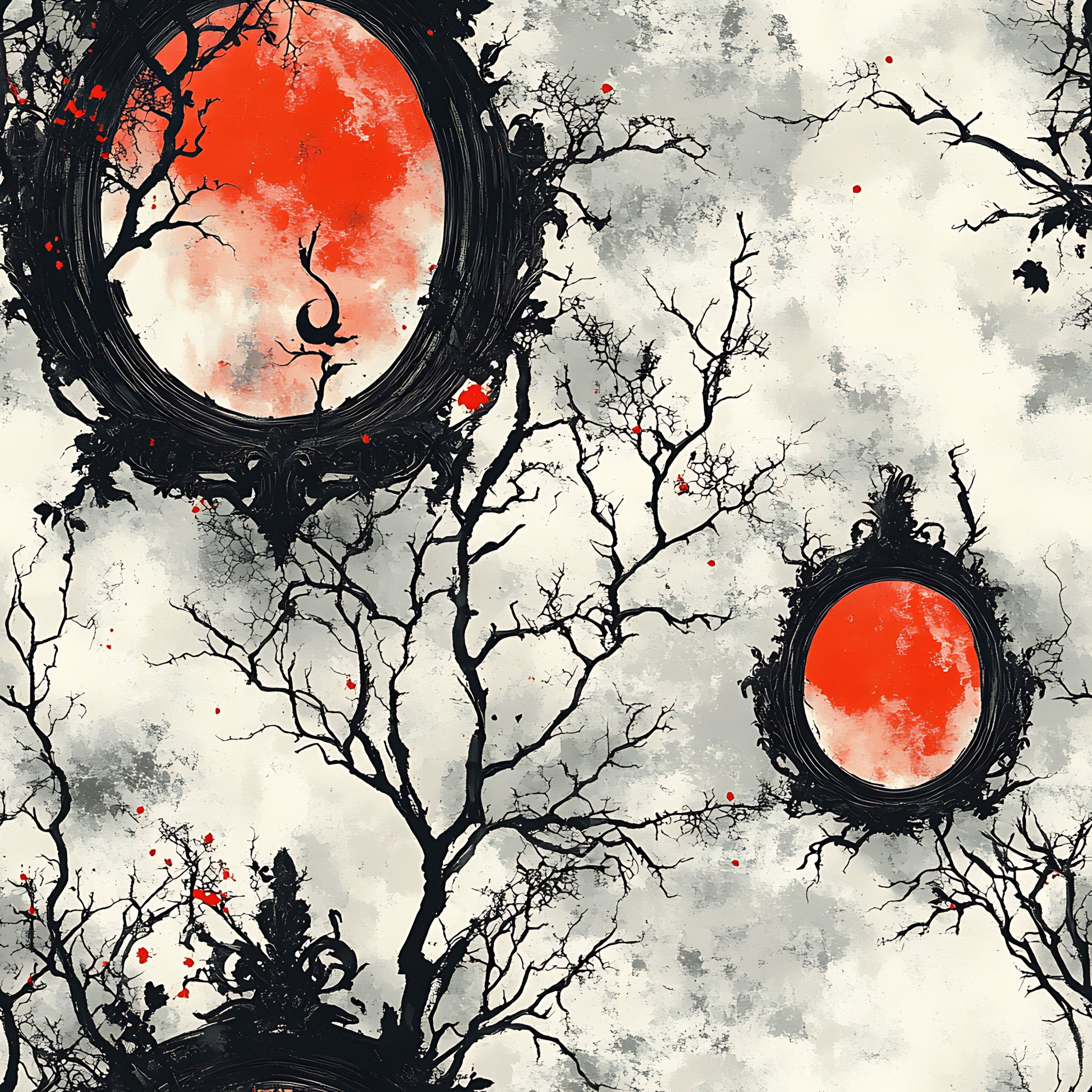 blood red, orange red, black, gray, white, cream, bare branches, twisted trees, circular moon, gothic style, spooky atmosphere, horror theme, dark mood, eerie scene, halloween fabric, quilting cotton, fabric panel, distressed texture, splatters, haunting design