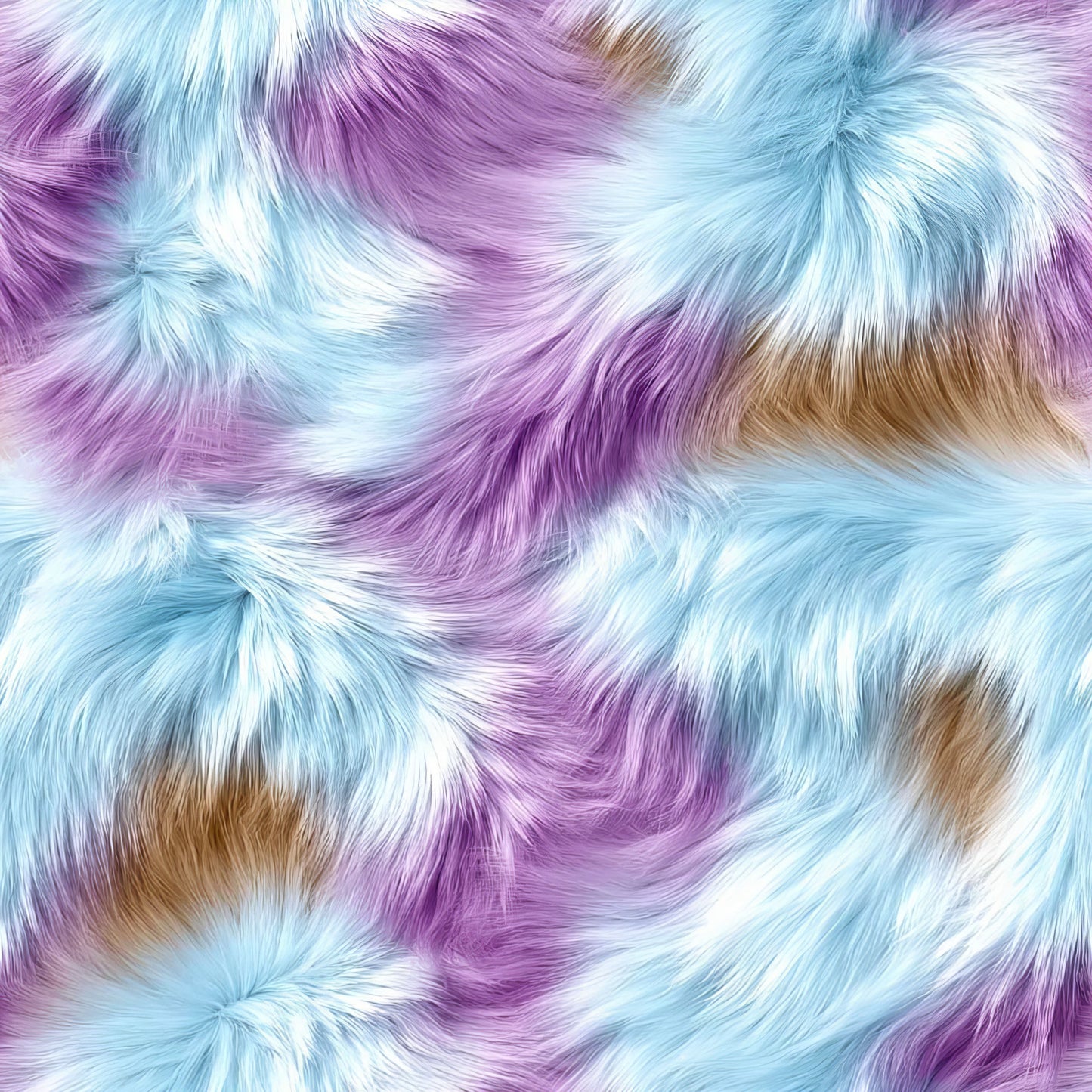 fluffy fur, faux fur texture, purple fur, lavender, light blue, aqua, brown accents, white highlights, swirled pattern, furry texture, soft appearance, plush design, quilting cotton, fabric panel, realistic fur, multicolored, pastel tones, textural design, animal fur motif, crafting fabric