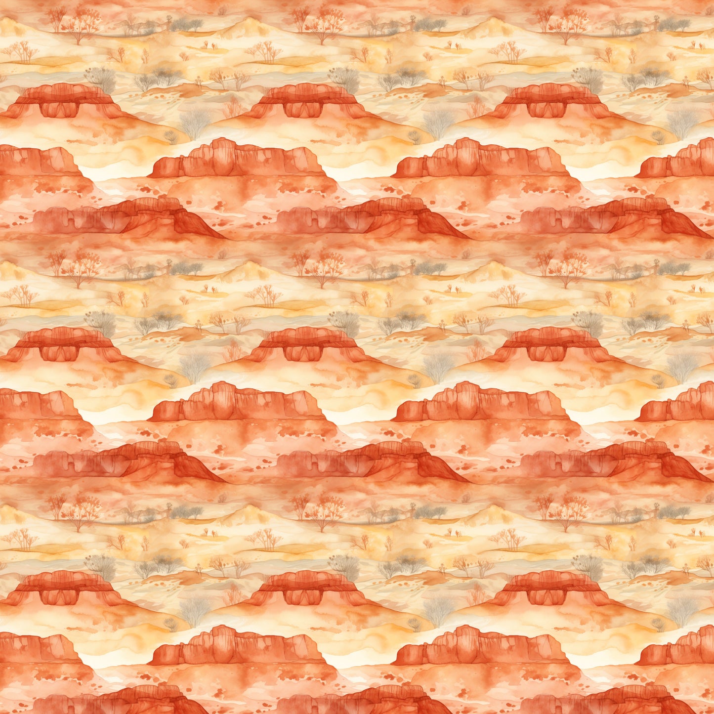 desert landscape, rust orange, coral red, cream beige, warm yellow, canyon formations, mesa rocks, desert trees, southwestern scenery, watercolor style, repeating pattern, quilting cotton, fabric panel, sunrise colors, arid landscape, rock formations, desert flora, layered mountains, warm earth tones, panoramic scenes