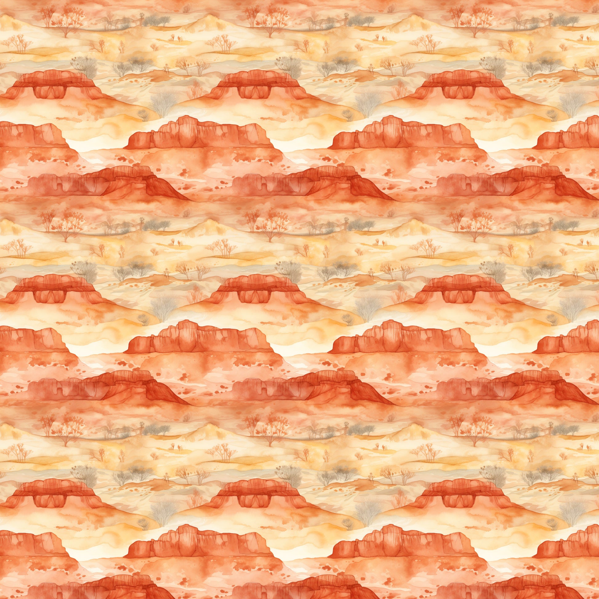 desert landscape, rust orange, coral red, cream beige, warm yellow, canyon formations, mesa rocks, desert trees, southwestern scenery, watercolor style, repeating pattern, quilting cotton, fabric panel, sunrise colors, arid landscape, rock formations, desert flora, layered mountains, warm earth tones, panoramic scenes