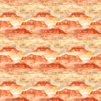 desert landscape, rust orange, coral red, cream beige, warm yellow, canyon formations, mesa rocks, desert trees, southwestern scenery, watercolor style, repeating pattern, quilting cotton, fabric panel, sunrise colors, arid landscape, rock formations, desert flora, layered mountains, warm earth tones, panoramic scenes