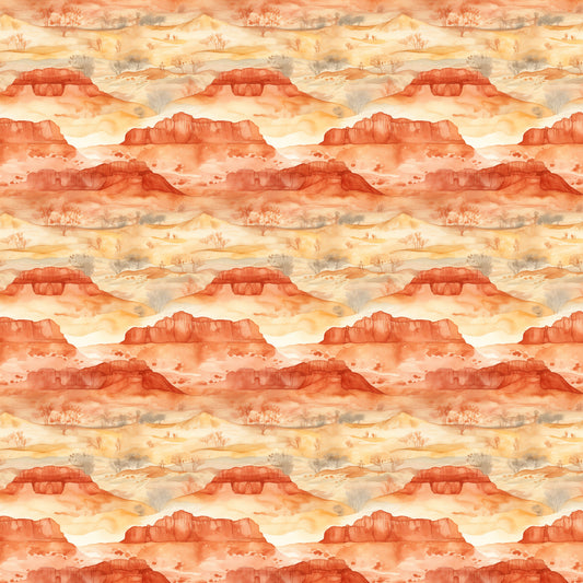 desert landscape, rust orange, coral red, cream beige, warm yellow, canyon formations, mesa rocks, desert trees, southwestern scenery, watercolor style, repeating pattern, quilting cotton, fabric panel, sunrise colors, arid landscape, rock formations, desert flora, layered mountains, warm earth tones, panoramic scenes