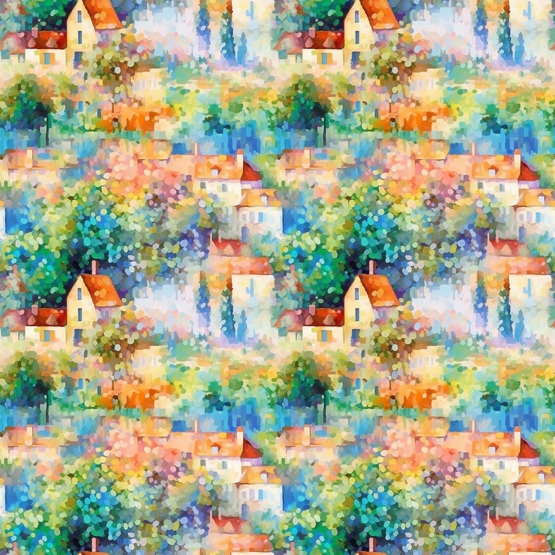 impressionist style, monet inspired, cottage houses, village scene, orange roofs, blue water, green foliage, colorful trees, pointillism technique, peaceful landscape, quilting cotton, fabric panel, watercolor effect, pastoral scene, european village, artistic pattern, vibrant colors, repeating motif, countryside setting, painterly style