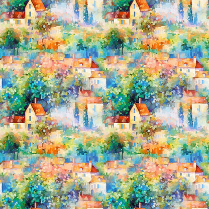 impressionist style, monet inspired, cottage houses, village scene, orange roofs, blue water, green foliage, colorful trees, pointillism technique, peaceful landscape, quilting cotton, fabric panel, watercolor effect, pastoral scene, european village, artistic pattern, vibrant colors, repeating motif, countryside setting, painterly style