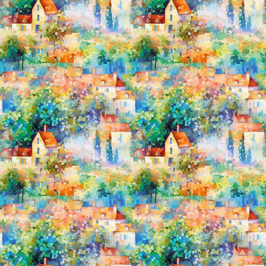 impressionist style, monet inspired, cottage houses, village scene, orange roofs, blue water, green foliage, colorful trees, pointillism technique, peaceful landscape, quilting cotton, fabric panel, watercolor effect, pastoral scene, european village, artistic pattern, vibrant colors, repeating motif, countryside setting, painterly style