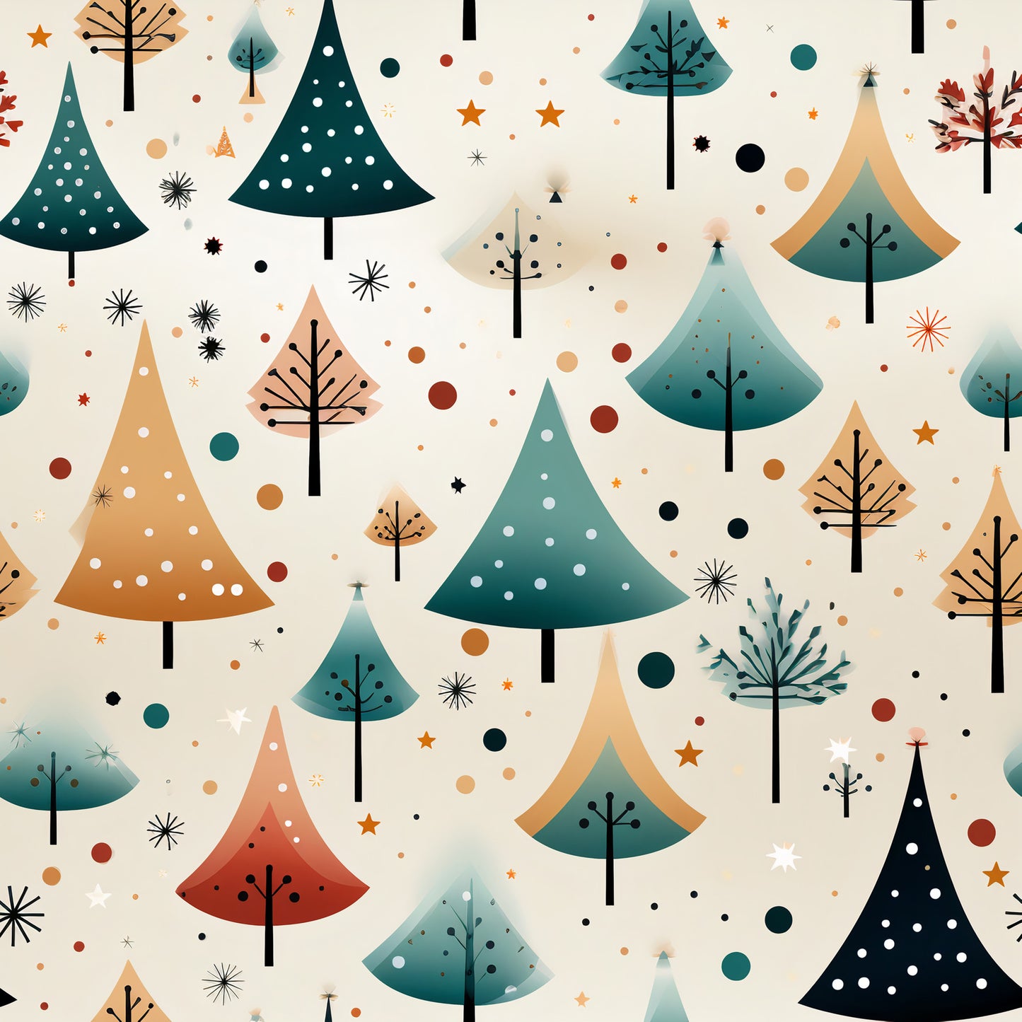christmas trees, winter wonderland, teal, orange, peach, cream background, geometric trees, polka dots, stars, snowflakes, scattered dots, modern illustration, festive pattern, quilting cotton, fabric panel, holiday theme, minimalist style, contemporary design, seasonal motif, winter forest
