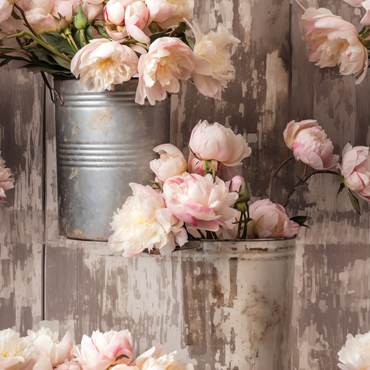blush pink, soft peach, cream white, sage green, weathered gray, peonies, floral bouquet, vintage tin cans, rustic wood background, farmhouse style, shabby chic, cotton fabric, quilting panel, distressed texture, romantic florals, country cottage, muted pastels, botanical design, rustic charm, spring flowers