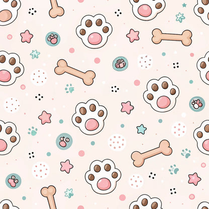 dog paws, paw prints, dog bones, pink background, pastel colors, brown paw pads, beige bones, cute pattern, kawaii style, pet theme, quilting cotton, fabric panel, playful design, animal motifs, soft pink, light blue accents, whimsical, scattered pattern, pet lover, crafting fabric