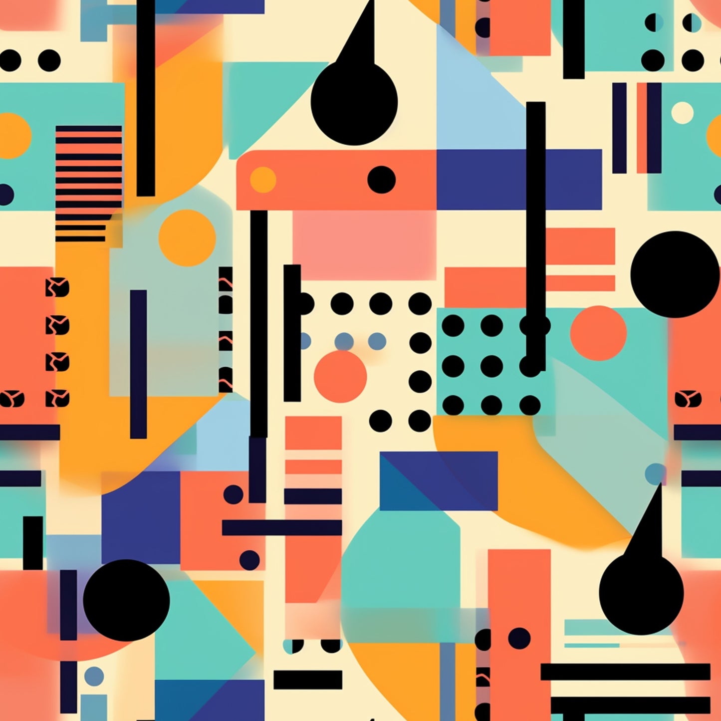 geometric, abstract, retro, mid-century modern, turquoise, coral, orange, navy blue, cream, black, circles, rectangles, dots, stripes, overlapping shapes, bauhaus inspired, modernist, vibrant colors, quilting cotton, fabric panel, boho pattern, hippie design, groovy style