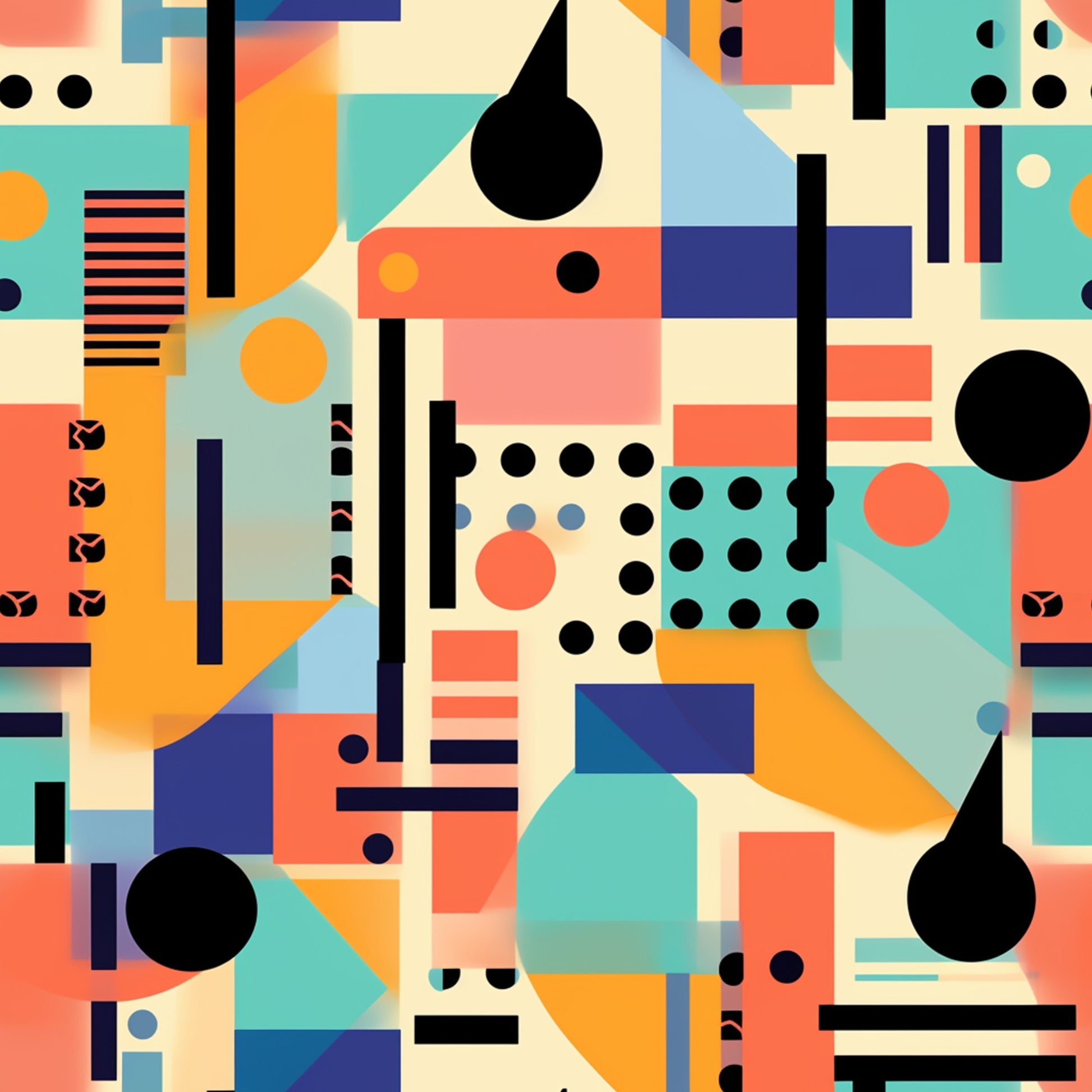 geometric, abstract, retro, mid-century modern, turquoise, coral, orange, navy blue, cream, black, circles, rectangles, dots, stripes, overlapping shapes, bauhaus inspired, modernist, vibrant colors, quilting cotton, fabric panel, boho pattern, hippie design, groovy style
