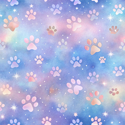 dog paws, paw prints, pastel colors, pink, purple, blue, gradient background, watercolor effect, starry sky, celestial theme, quilting cotton, fabric panel, dreamy atmosphere, soft tones, animal tracks, pet themed, cosmic backdrop, whimsical design, sparkles, galaxy pattern