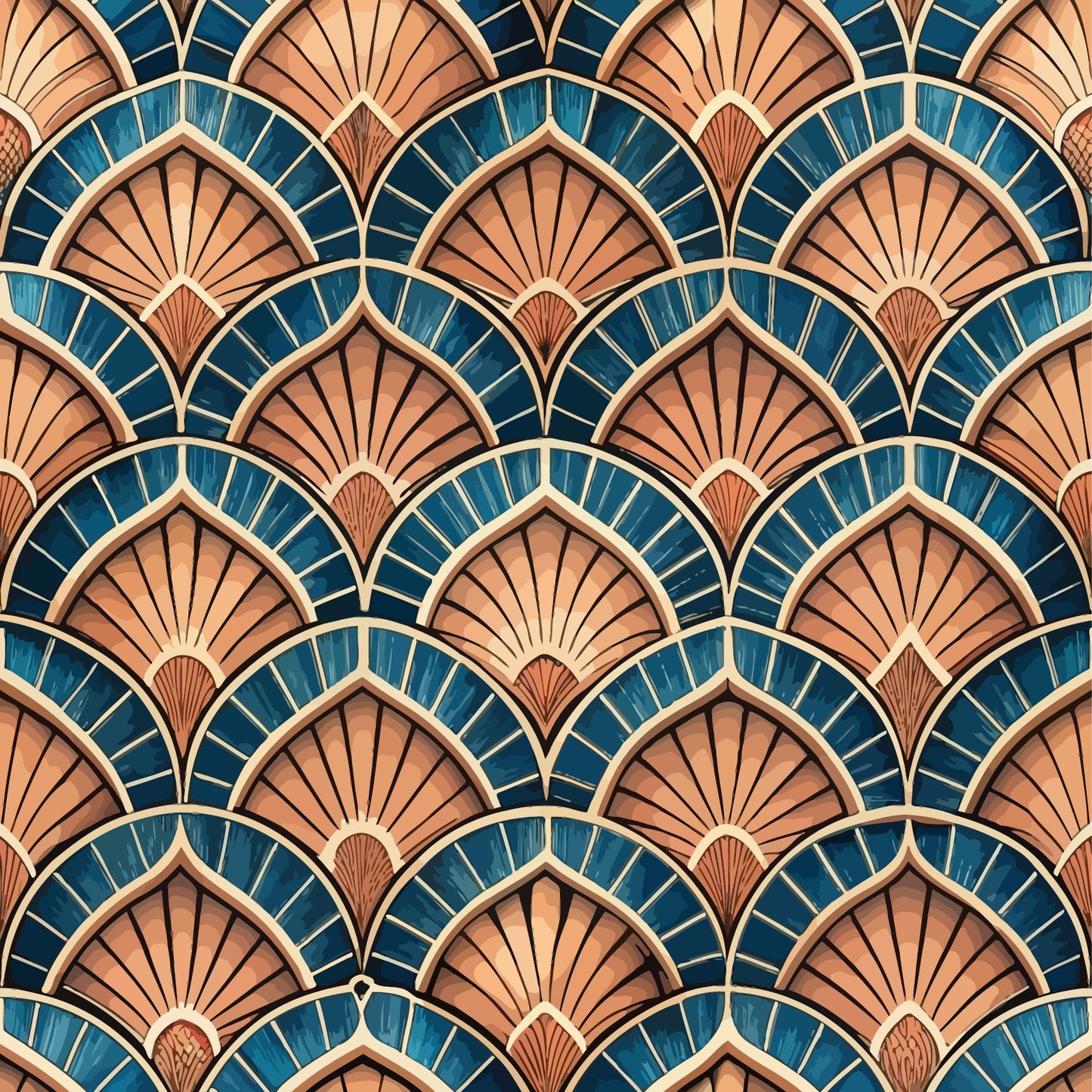 art deco, fan pattern, geometric design, teal blue, copper orange, peachy pink, cream accents, radiating lines, scalloped motifs, repeating pattern, vintage style, 1920s inspired, elegant motifs, shell shapes, sunburst design, quilting cotton, fabric panel, luxurious feel, sophisticated pattern