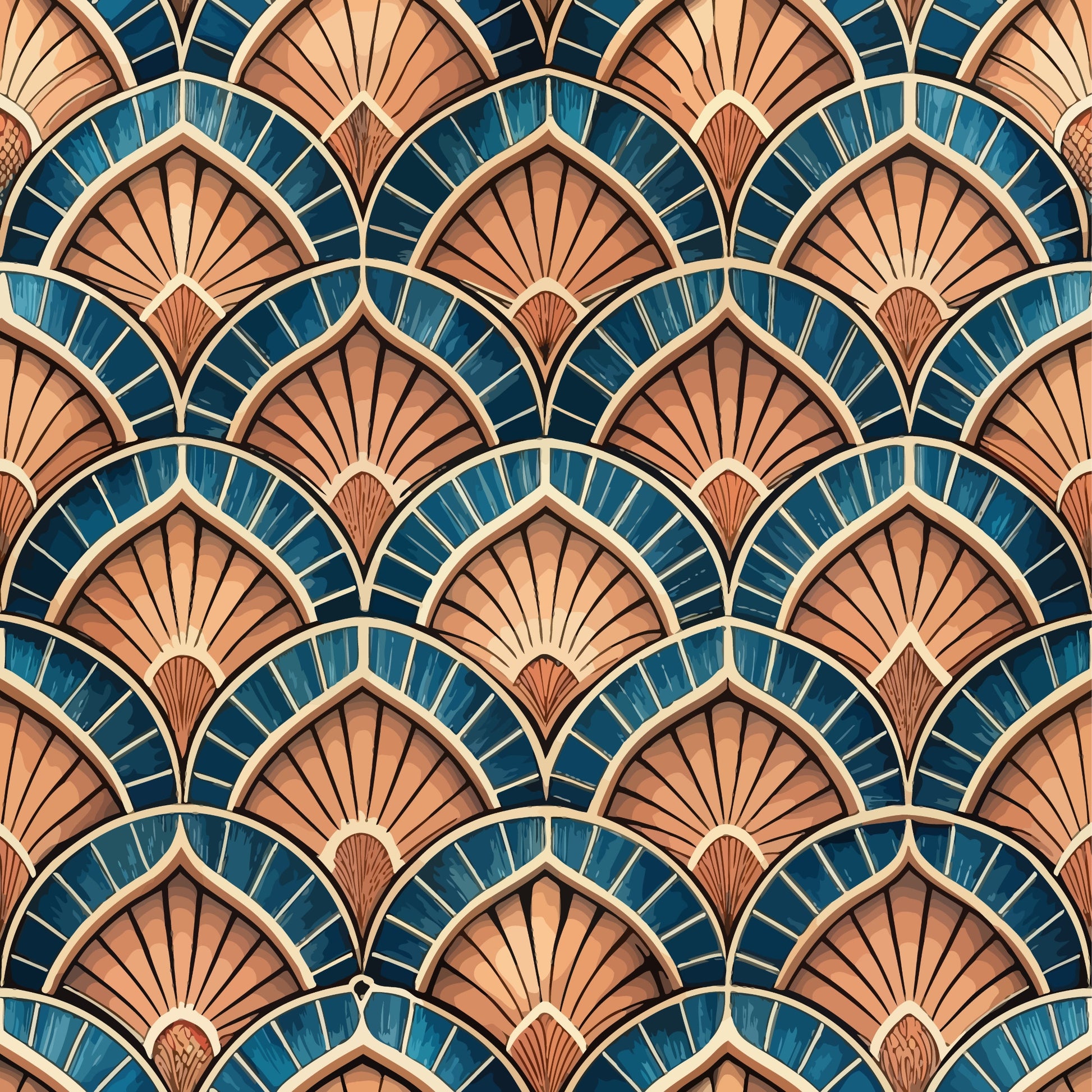 art deco, fan pattern, geometric design, teal blue, copper orange, peachy pink, cream accents, radiating lines, scalloped motifs, repeating pattern, vintage style, 1920s inspired, elegant motifs, shell shapes, sunburst design, quilting cotton, fabric panel, luxurious feel, sophisticated pattern