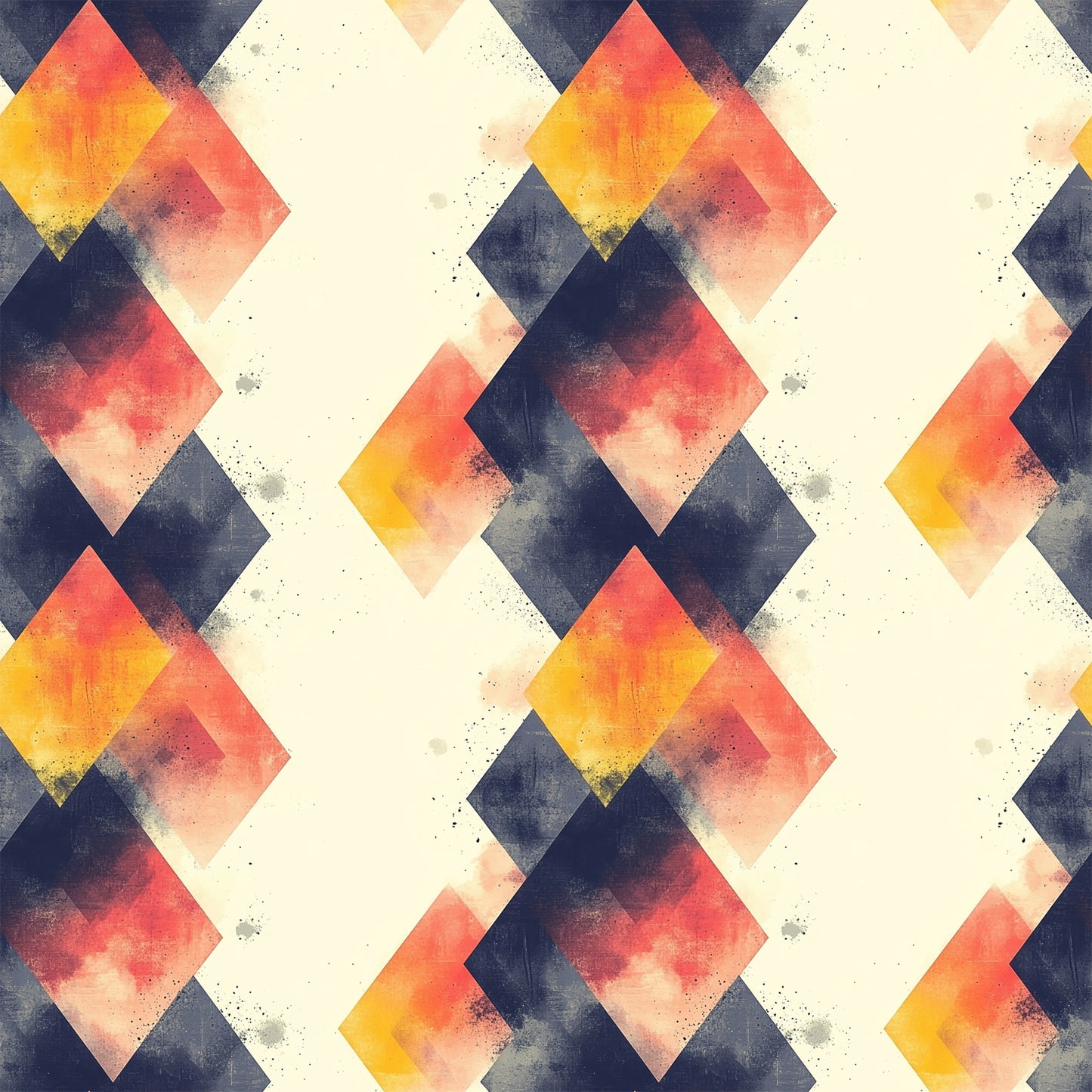geometric pattern, mid century modern, diamond shapes, coral pink, navy blue, cream white, golden yellow, watercolor texture, retro design, quilting cotton, fabric panel, overlapping diamonds, vintage style, abstract geometric, warm colors, cool colors, repeating pattern, modernist design, textured appearance, angular shapes