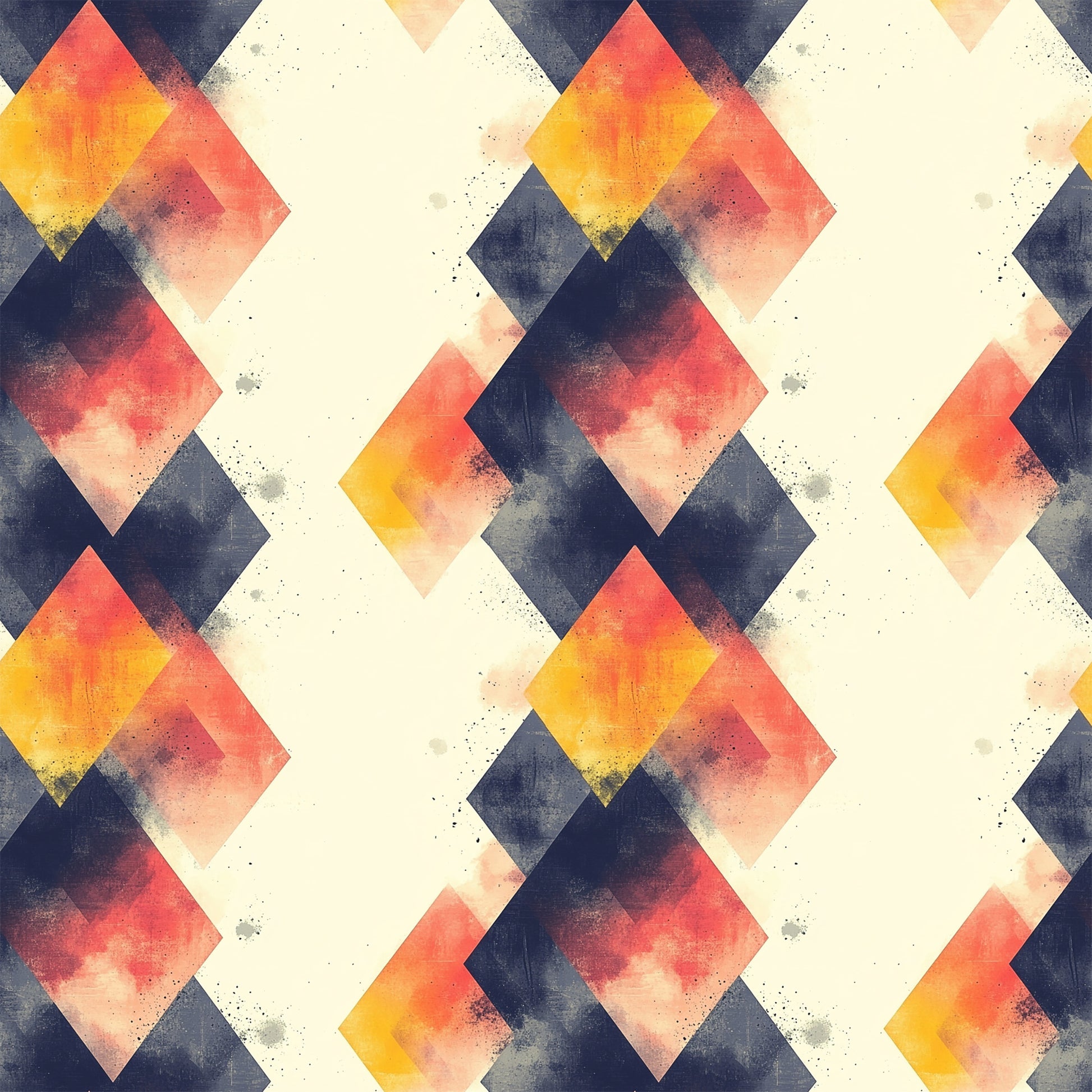 geometric pattern, mid century modern, diamond shapes, coral pink, navy blue, cream white, golden yellow, watercolor texture, retro design, quilting cotton, fabric panel, overlapping diamonds, vintage style, abstract geometric, warm colors, cool colors, repeating pattern, modernist design, textured appearance, angular shapes