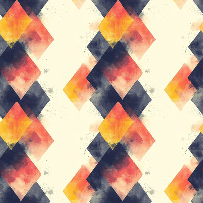 geometric pattern, mid century modern, diamond shapes, coral pink, navy blue, cream white, golden yellow, watercolor texture, retro design, quilting cotton, fabric panel, overlapping diamonds, vintage style, abstract geometric, warm colors, cool colors, repeating pattern, modernist design, textured appearance, angular shapes