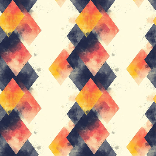 geometric pattern, mid century modern, diamond shapes, coral pink, navy blue, cream white, golden yellow, watercolor texture, retro design, quilting cotton, fabric panel, overlapping diamonds, vintage style, abstract geometric, warm colors, cool colors, repeating pattern, modernist design, textured appearance, angular shapes