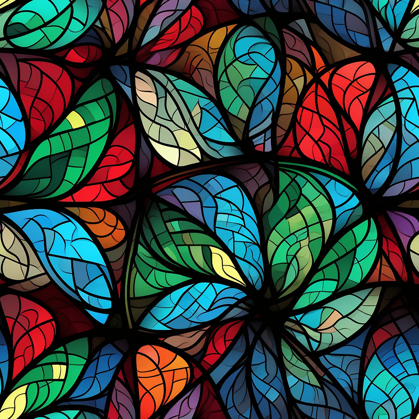 stained glass, christmas pattern, quilting cotton, fabric panel, multicolored leaves, red, green, blue, orange, purple, yellow, turquoise, botanical design, leaf motifs, mosaic style, vibrant colors, holiday fabric, decorative pattern, colorful foliage, artistic design