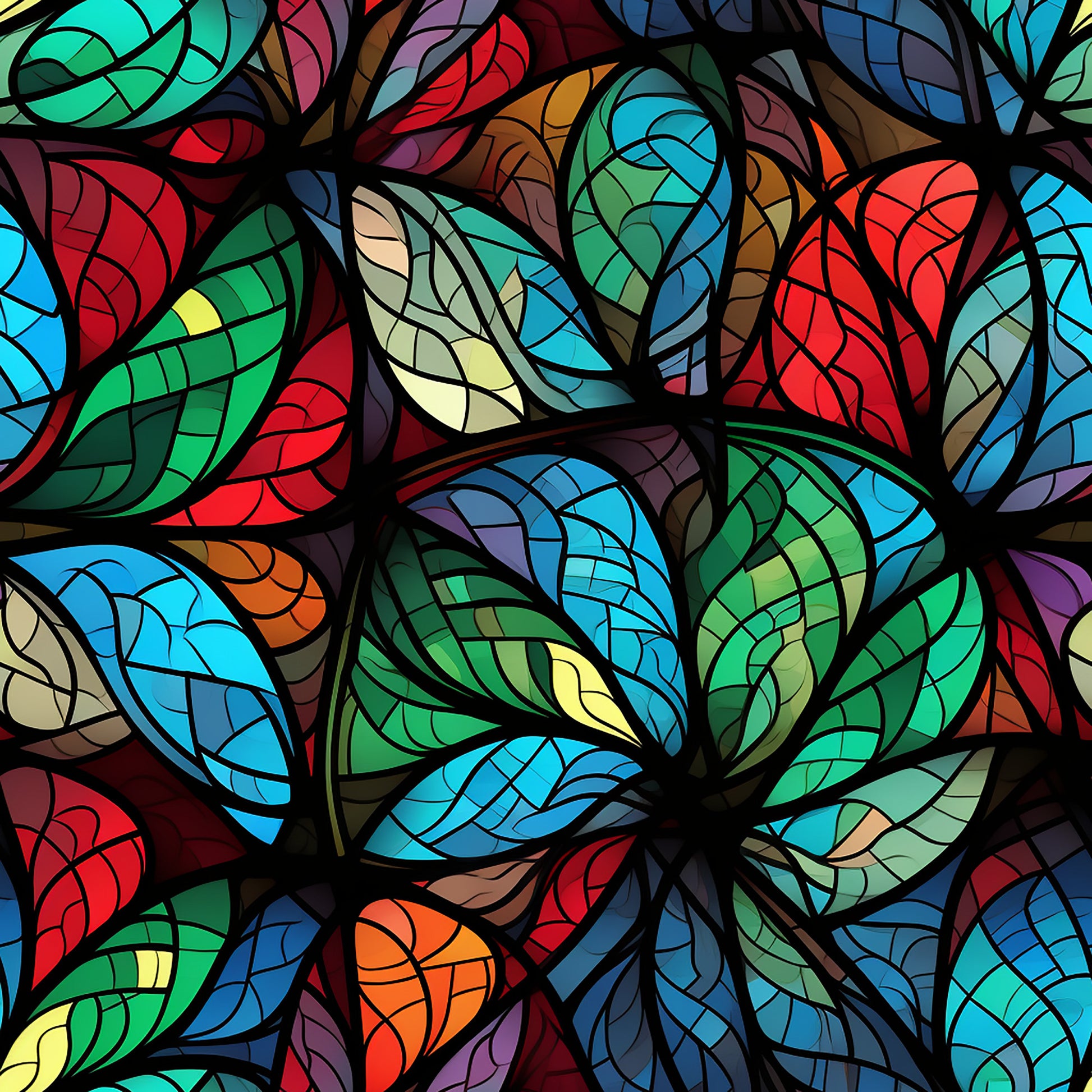stained glass, christmas pattern, quilting cotton, fabric panel, multicolored leaves, red, green, blue, orange, purple, yellow, turquoise, botanical design, leaf motifs, mosaic style, vibrant colors, holiday fabric, decorative pattern, colorful foliage, artistic design