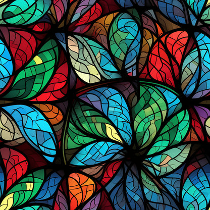 stained glass, christmas pattern, quilting cotton, fabric panel, multicolored leaves, red, green, blue, orange, purple, yellow, turquoise, botanical design, leaf motifs, mosaic style, vibrant colors, holiday fabric, decorative pattern, colorful foliage, artistic design
