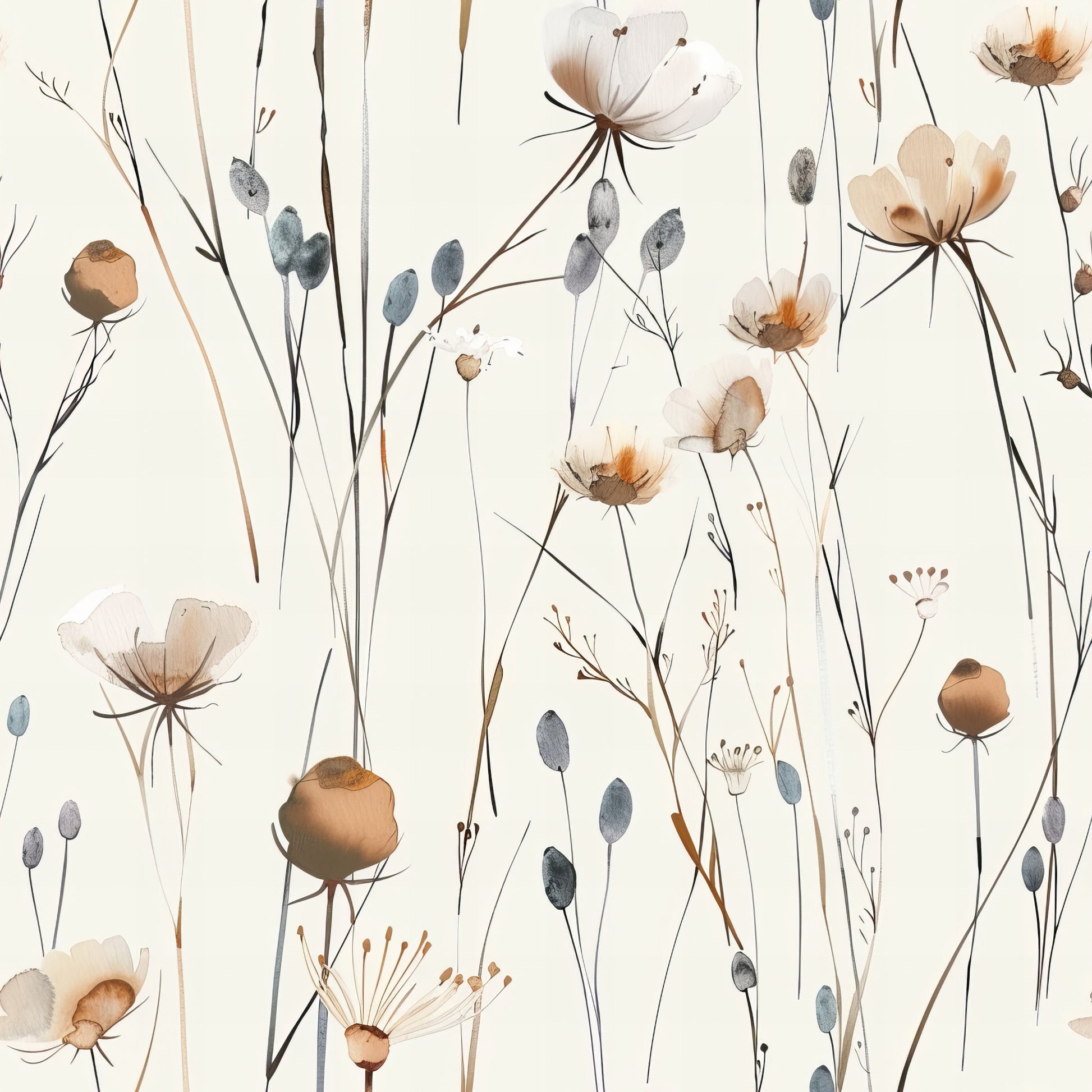 handdrawn meadow, wildflowers pattern, quilting cotton, fabric panel, botanical illustration, watercolor style, delicate flowers, nature motif, cream background, soft pastels, brown tones, blue gray accents, floral stems, seed pods, artistic rendering, organic design, feminine aesthetic, gentle composition, natural elements, subtle coloring