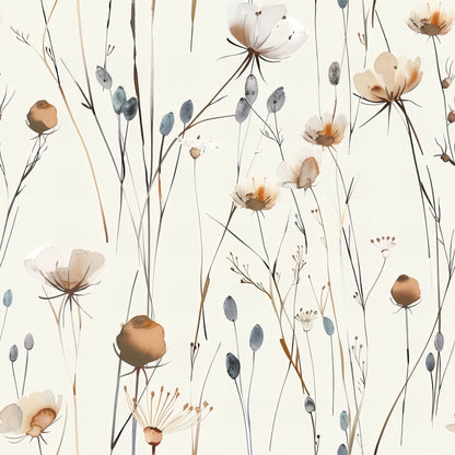 handdrawn meadow, wildflowers pattern, quilting cotton, fabric panel, botanical illustration, watercolor style, delicate flowers, nature motif, cream background, soft pastels, brown tones, blue gray accents, floral stems, seed pods, artistic rendering, organic design, feminine aesthetic, gentle composition, natural elements, subtle coloring
