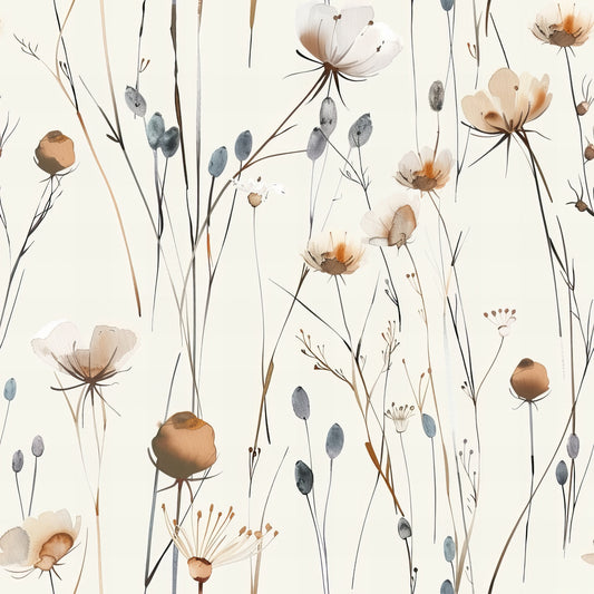 handdrawn meadow, wildflowers pattern, quilting cotton, fabric panel, botanical illustration, watercolor style, delicate flowers, nature motif, cream background, soft pastels, brown tones, blue gray accents, floral stems, seed pods, artistic rendering, organic design, feminine aesthetic, gentle composition, natural elements, subtle coloring