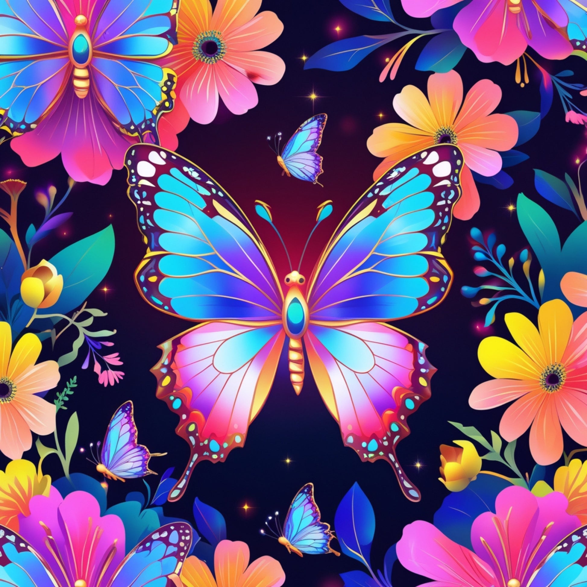 fantasy butterflies, vibrant colors, neon pink, electric blue, bright orange, purple wings, floral elements, tropical flowers, digital art style, iridescent wings, glowing effects, starry background, quilting cotton, fabric panel, whimsical design, colorful blooms, butterfly collection, luminous patterns, decorative wings, botanical motifs