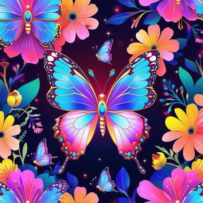 fantasy butterflies, vibrant colors, neon pink, electric blue, bright orange, purple wings, floral elements, tropical flowers, digital art style, iridescent wings, glowing effects, starry background, quilting cotton, fabric panel, whimsical design, colorful blooms, butterfly collection, luminous patterns, decorative wings, botanical motifs
