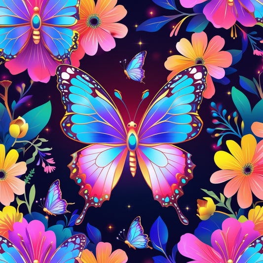 fantasy butterflies, vibrant colors, neon pink, electric blue, bright orange, purple wings, floral elements, tropical flowers, digital art style, iridescent wings, glowing effects, starry background, quilting cotton, fabric panel, whimsical design, colorful blooms, butterfly collection, luminous patterns, decorative wings, botanical motifs