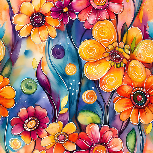 vibrant floral, abstract flowers, watercolor style, orange blooms, purple petals, pink flowers, blue background, swirling patterns, contemporary art, quilting cotton, fabric panel, artistic design, colorful botanical, modern floral, decorative circles, flowing stems, bright colors, whimsical flowers, cotton fabric
