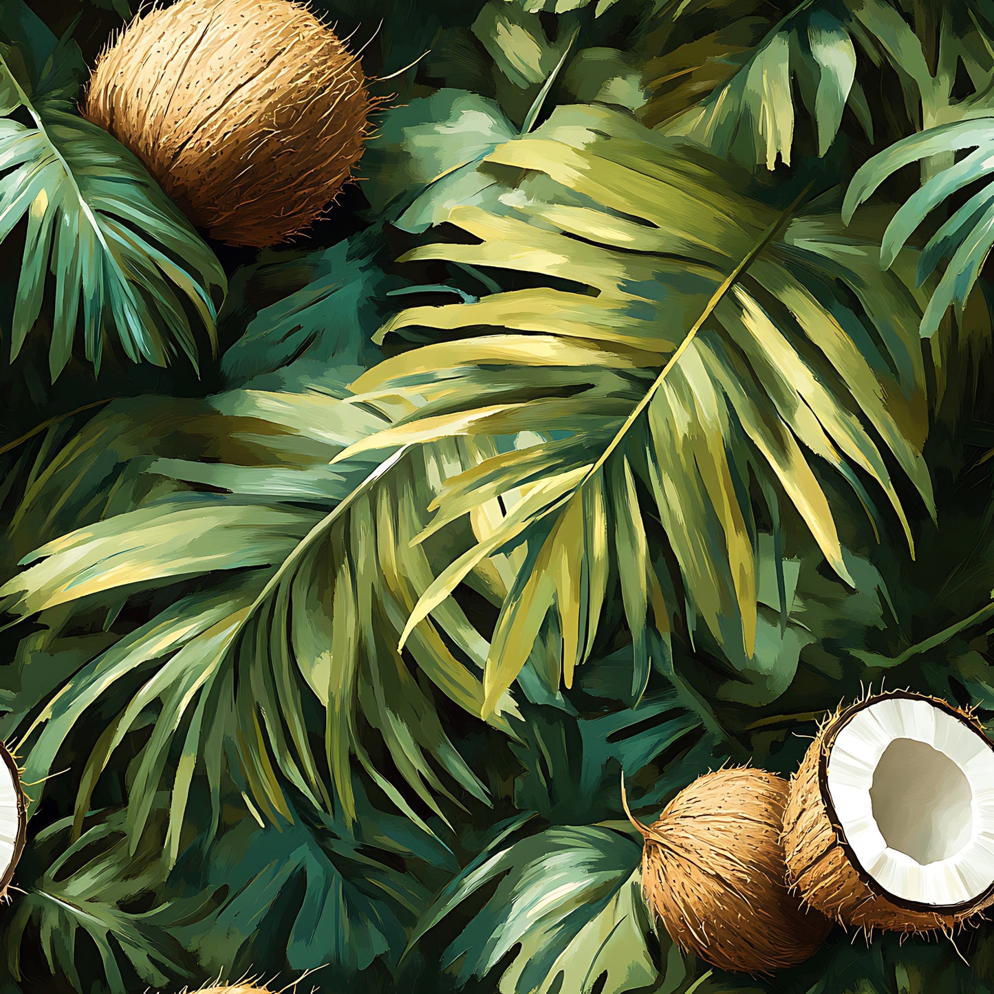tropical leaves, coconut palm, jungle foliage, green leaves, brown coconut, white coconut flesh, botanical pattern, tropical paradise, palm fronds, exotic plants, quilting cotton, fabric panel, nature design, summer vibes, island theme, lush vegetation, realistic illustration, tropical motif, vibrant greens, natural elements