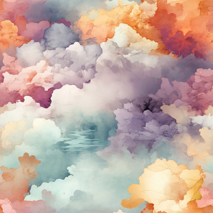 watercolor clouds, sunset sky, pastel colors, coral pink, lavender purple, peach orange, soft blue, cream white, dreamy atmosphere, ethereal design, sky scene, fluffy clouds, gradient colors, serene mood, quilting cotton, fabric panel, artistic style, heavenlyscape, soft pastels, cloud formation