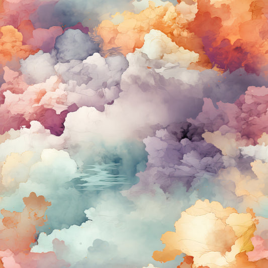 watercolor clouds, sunset sky, pastel colors, coral pink, lavender purple, peach orange, soft blue, cream white, dreamy atmosphere, ethereal design, sky scene, fluffy clouds, gradient colors, serene mood, quilting cotton, fabric panel, artistic style, heavenlyscape, soft pastels, cloud formation