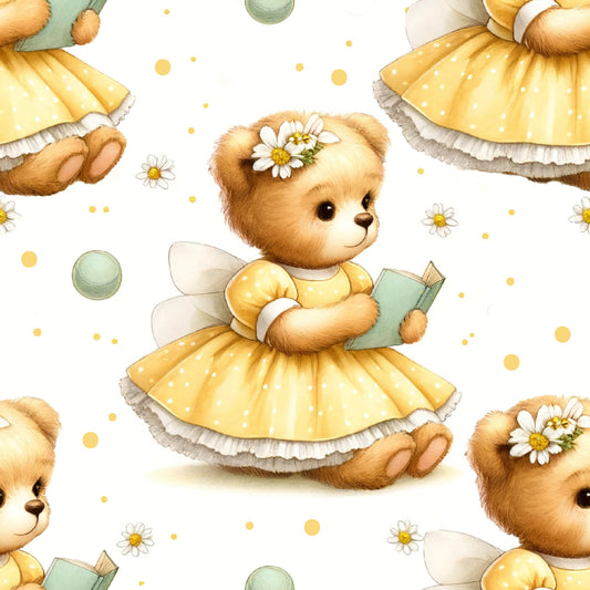 yellow, golden, sage green, white, cream, teddy bears, daisies, floral, polka dots, fairy wings, books, reading, whimsical, cute, children's fabric, quilting cotton, fabric panel, nursery theme, soft pastels, playful pattern, scattered design