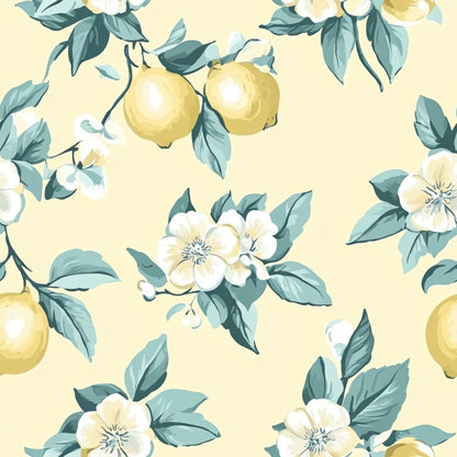 lemon yellow, cream background, sage green, white flowers, botanical pattern, citrus fruit, floral design, vintage style, shabby chic, quilting cotton, fabric panel, delicate blooms, nature motif, soft palette, romantic feel, cottage core, spring theme, repeating pattern, watercolor effect, pastoral design