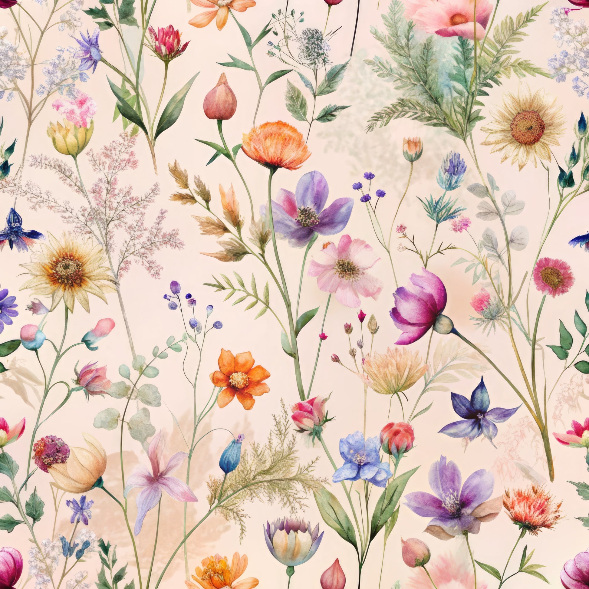 watercolor wildflowers, botanical pattern, pink background, purple flowers, orange blooms, blue petals, delicate stems, meadow flowers, cottage core, whimsical florals, quilting cotton, fabric panel, spring garden, pastel palette, hand painted style, nature inspired, floral repeat, soft romantic, wildflower field